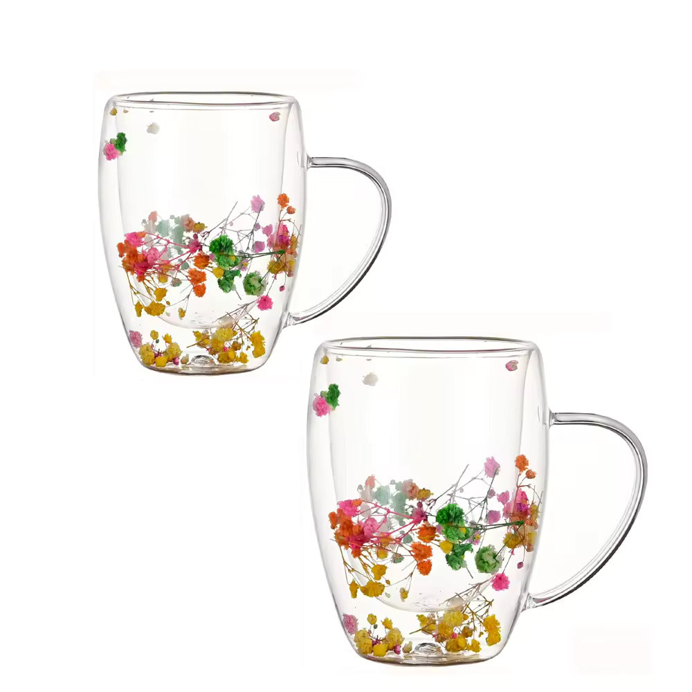 Cana din Sticla cu Perete Dublu, Model Floral (Set de 2 bucati)