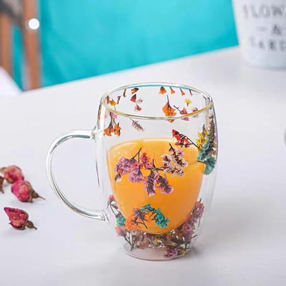 Cana din Sticla cu Perete Dublu, Model Floral (Set de 2 bucati)