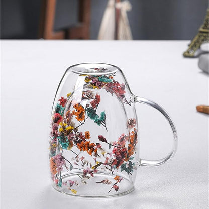 Cana din Sticla cu Perete Dublu, Model Floral (Set de 2 bucati)