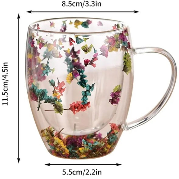 Cana din Sticla cu Perete Dublu, Model Floral (Set de 2 bucati)